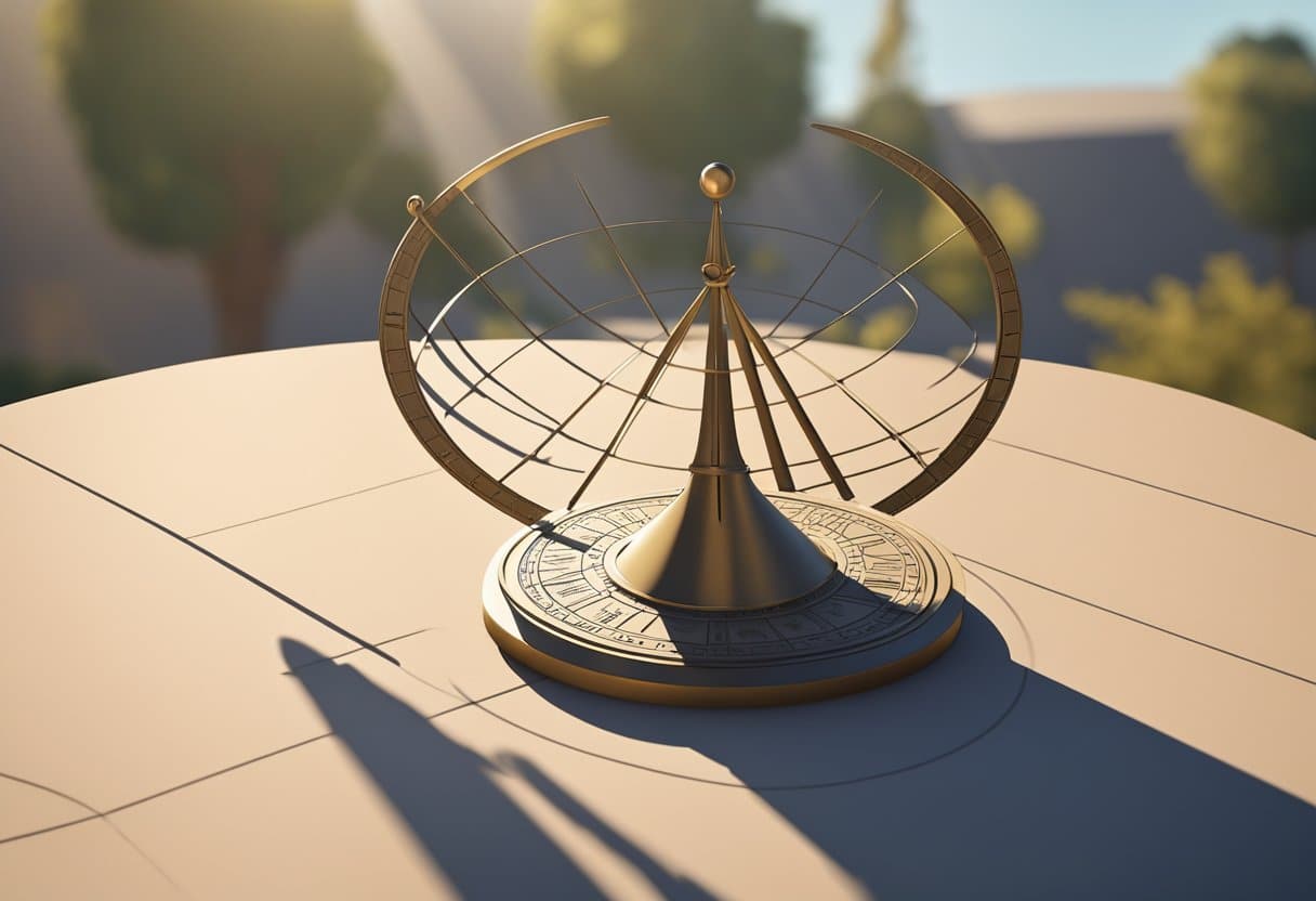 A sundial sits on a flat surface, with a tall vertical gnomon casting a shadow. The sun is positioned in the sky, creating a distinct shadow on the dial