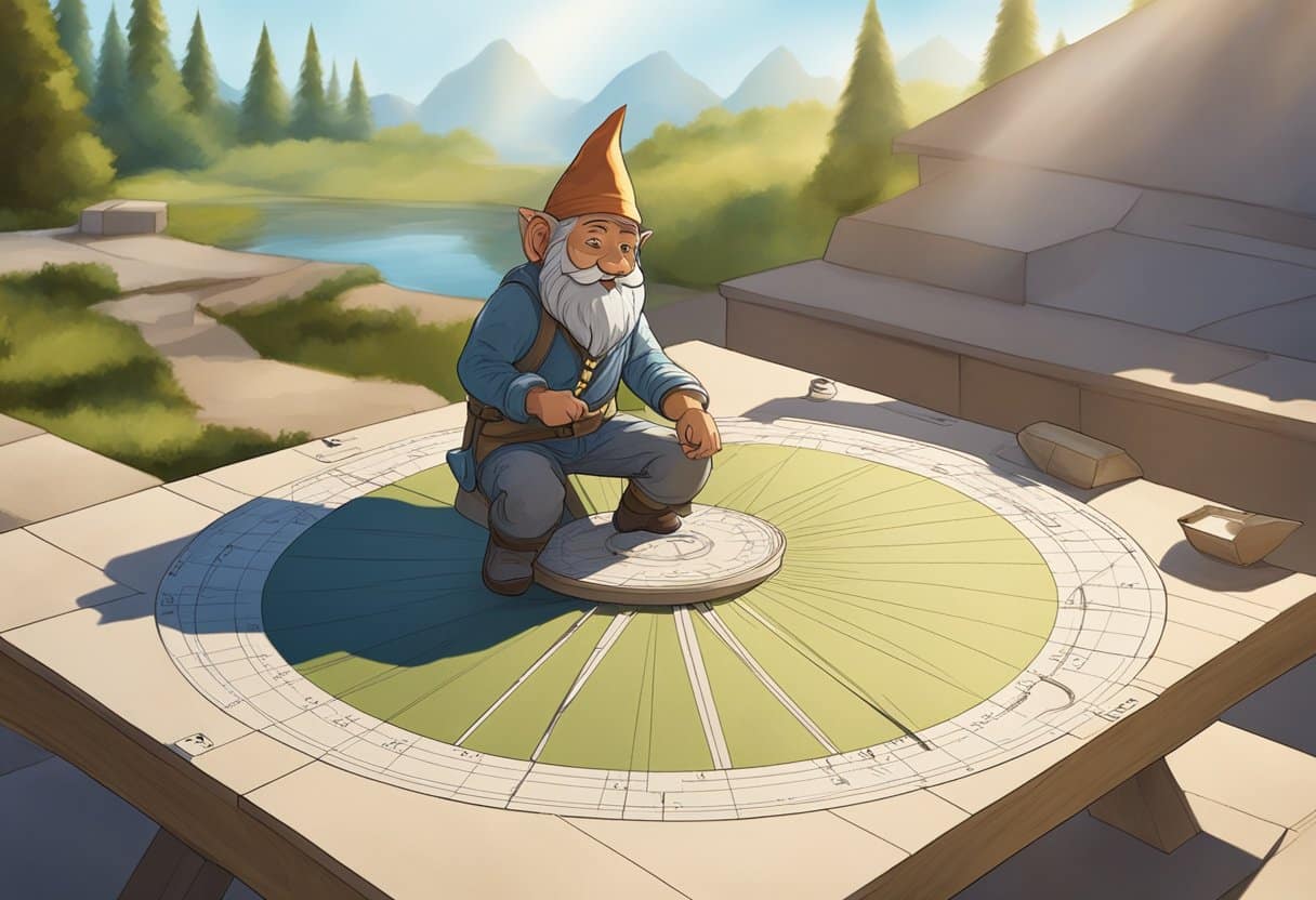 The Gnomon is being assembled on a flat surface. The sun's rays cast a shadow, and the position is marked on the sundial's face