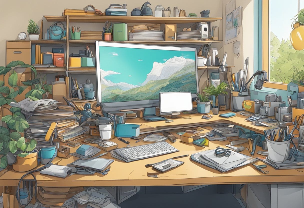 A cluttered workspace with discarded materials, tools, and finished upcycled items. A sense of creativity and innovation is evident in the transformation of waste into useful items