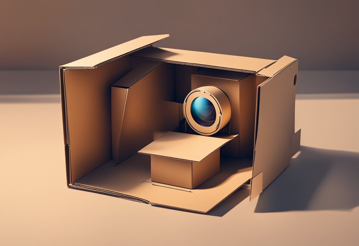 A hand holds a cardboard box, cutting and assembling it into a pinhole camera body. Light enters through a small hole, creating an image on the opposite side