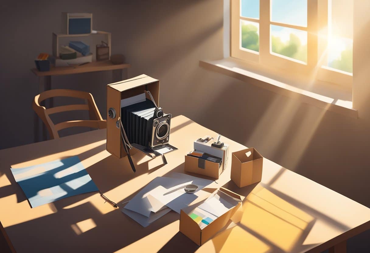 A bright room with a table holding various DIY pinhole camera materials, including a cardboard box, tape, and a small needle for creating the pinhole. Sunlight streams in through a nearby window, casting dramatic shadows on the table