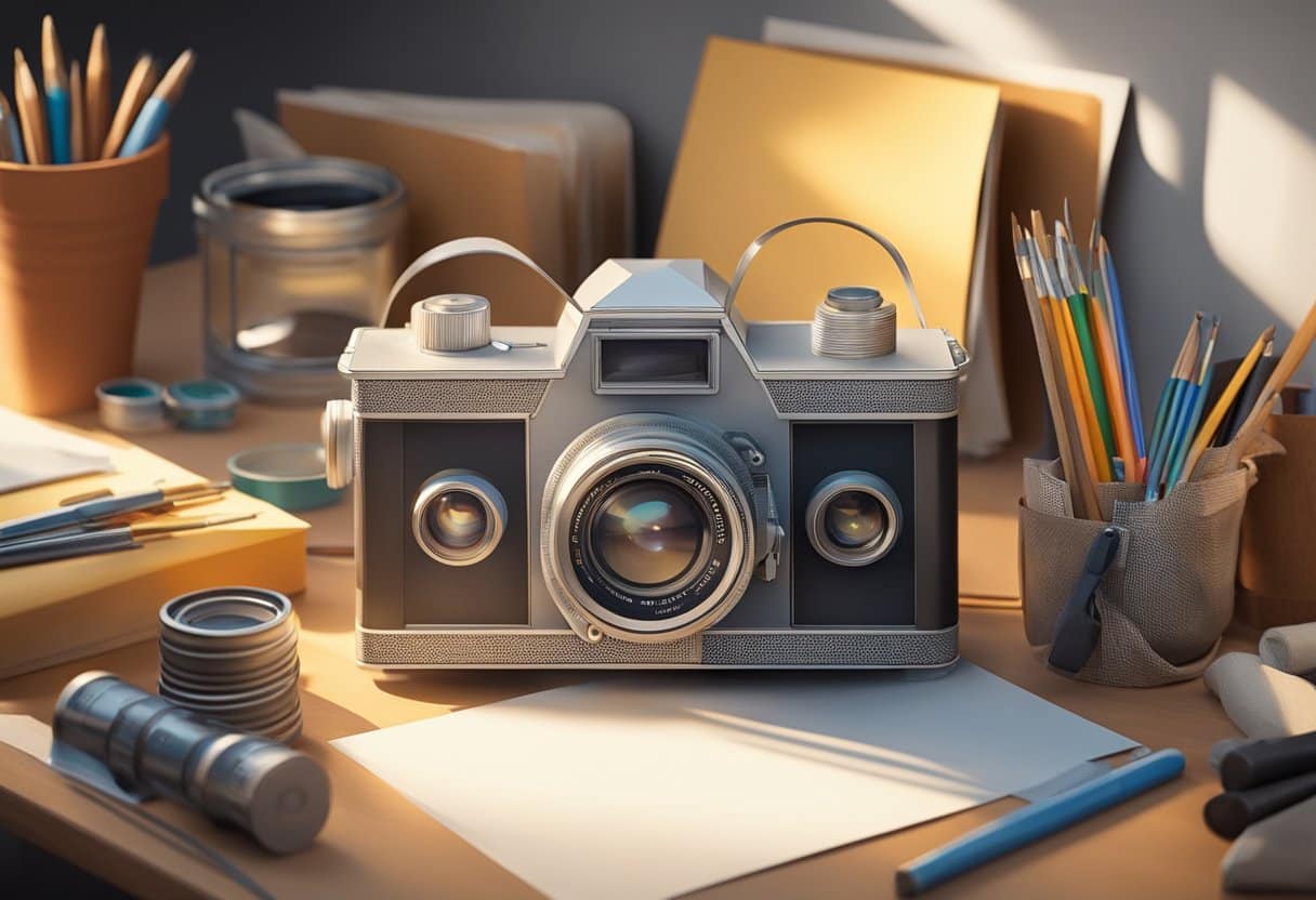 A handcrafted pinhole camera sits on a table, surrounded by tools and materials. A beam of light streams through the pinhole, creating a bright and focused image on a blank piece of paper