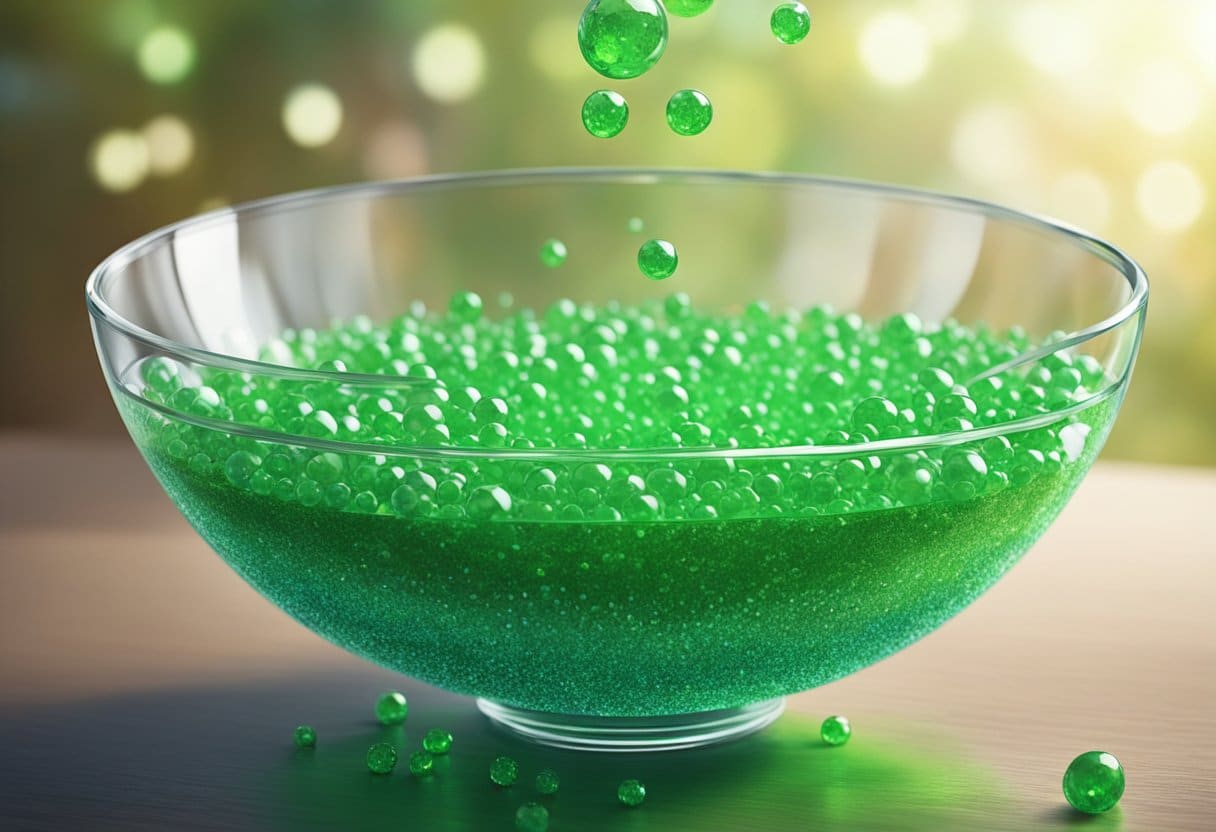 A clear bowl sits on a table, filled with a viscous, green liquid. Glitter and small beads are suspended in the slime, creating a mesmerizing effect