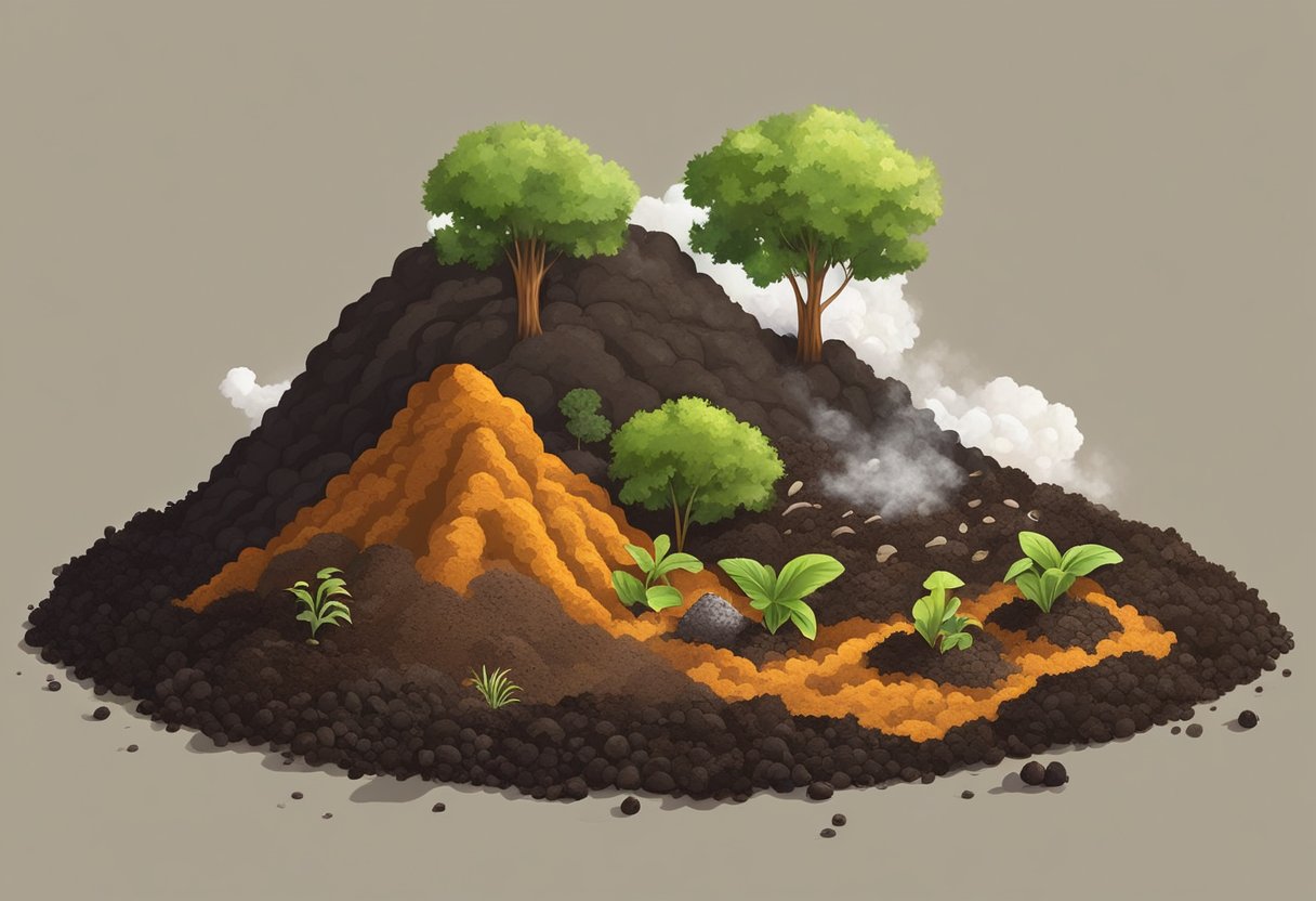 A pile of organic waste decomposes into rich, dark soil. Composting break down materials, releasing nutrients. Steam rises from the compost, a sign of the active process