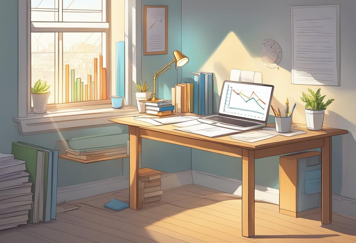 Emphasising Effort and Growth in Homework: Celebrating the Process Homework LearningMole A desk with scattered papers, textbooks, and a pencil. A growth chart on the wall shows progress. A light shines on the workspace, symbolizing the importance of learning processes