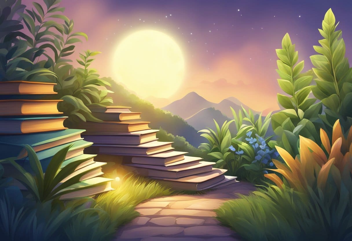 Emphasising Effort and Growth in Homework: Celebrating the Process Homework LearningMole A bright spotlight shines on a stack of books, surrounded by growing plants and a winding path symbolizing the journey of learning