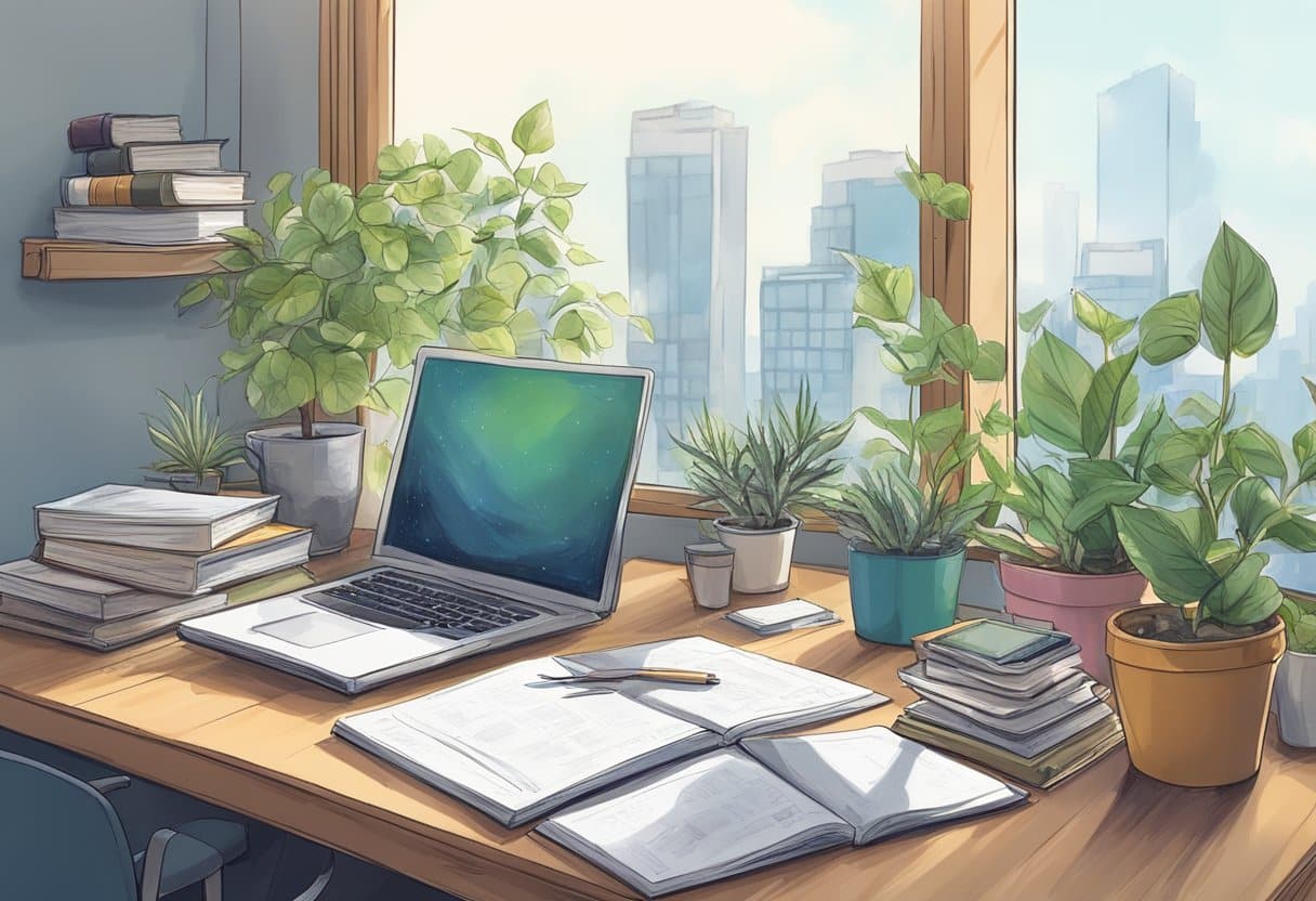 Emphasising Effort and Growth in Homework: Celebrating the Process Homework LearningMole A desk cluttered with books and papers, a pencil scribbling notes, a computer displaying research, and a plant growing on the windowsill