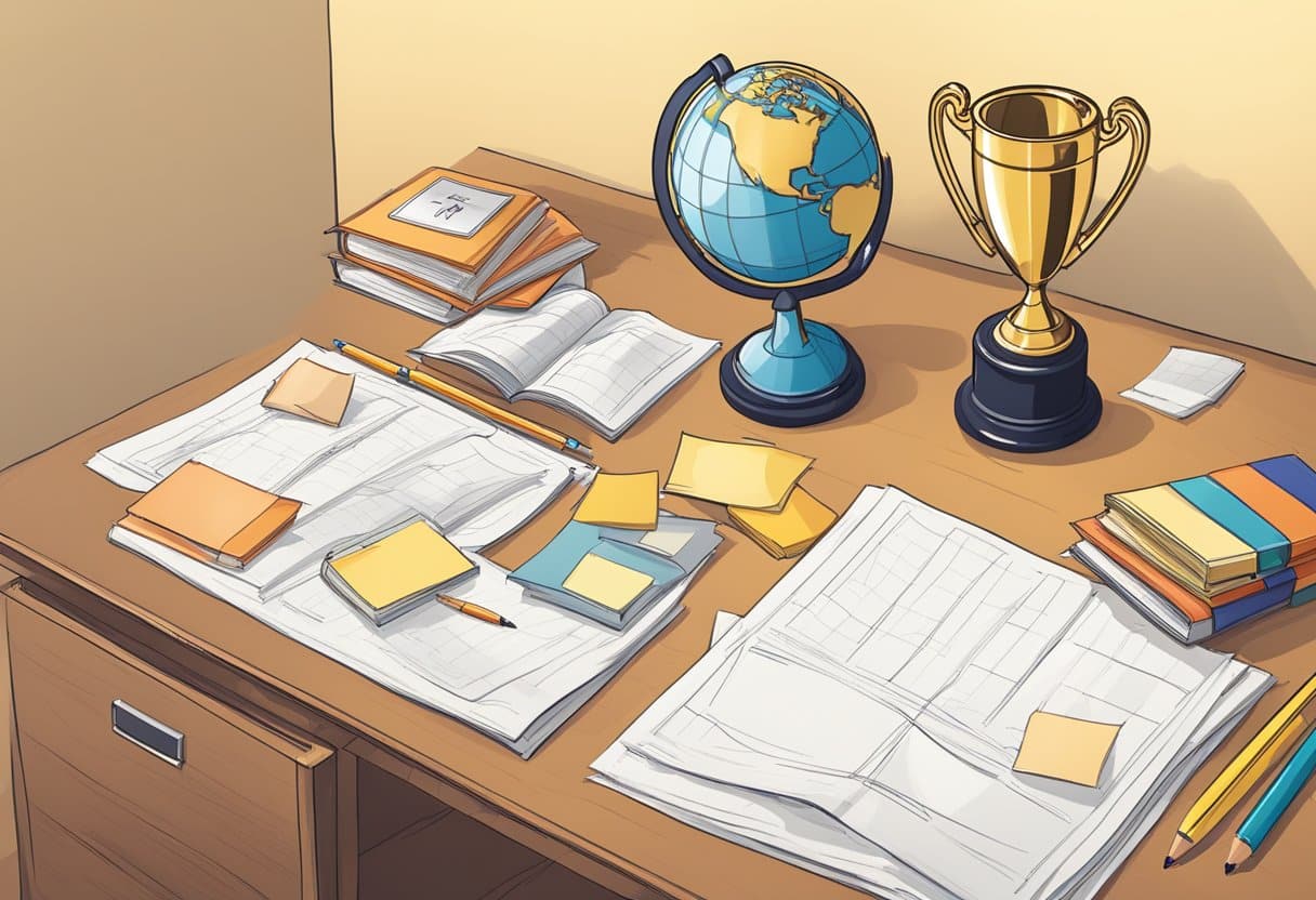 Emphasising Effort and Growth in Homework: Celebrating the Process Homework LearningMole A desk with scattered homework papers, a pencil, and a growth chart on the wall. A trophy or medal symbolizing achievement