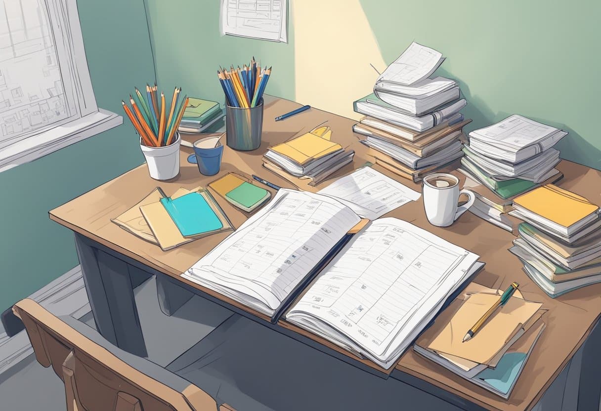Emphasising Effort and Growth in Homework: Celebrating the Process Homework LearningMole A desk cluttered with books, pencils, and paper. A student's unfinished homework with visible corrections and notes. A calendar on the wall with marked deadlines