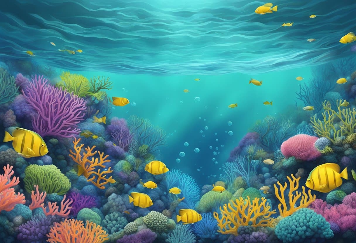 Colorful coral reefs fade as CO2 bubbles rise, disturbing marine life. Fish struggle to navigate through murky, acidic waters