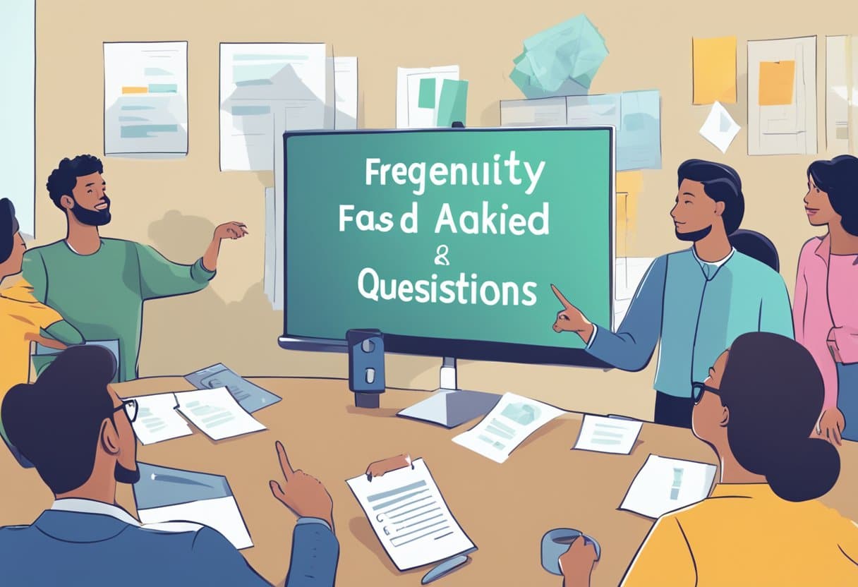 A person pointing to a sign with "Frequently Asked Questions" on it, while others look on with interest and encouragement