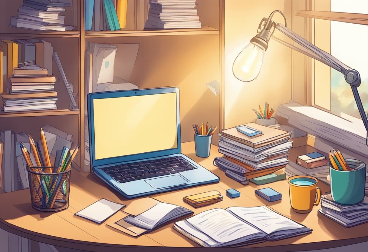 Strategies for Supporting Gifted and Advanced Learners with Homework: Enhancing Home Study Success Homework LearningMole A child's desk cluttered with books, papers, and a laptop. A bright light illuminates the workspace, with a pencil and notebook nearby