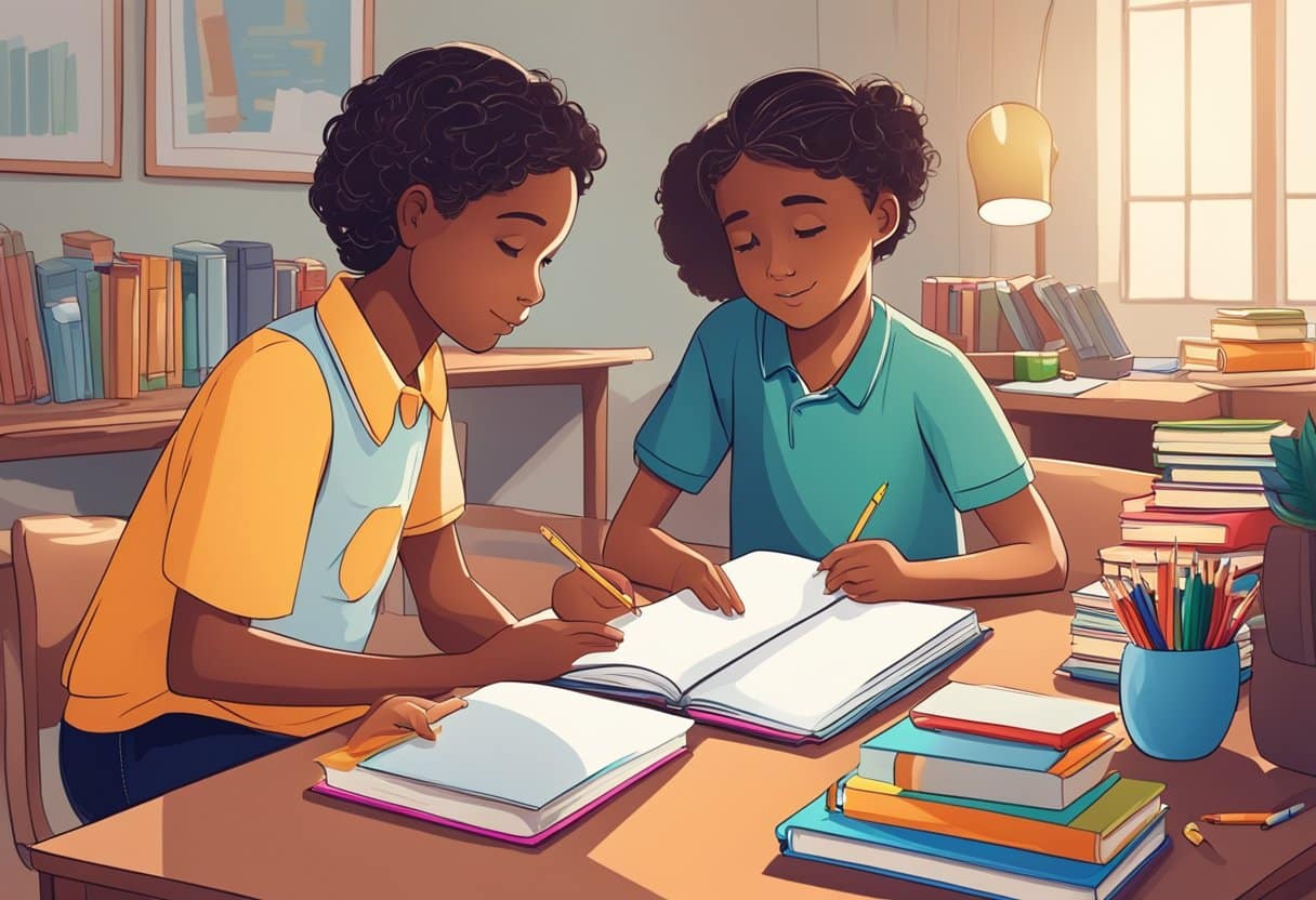 A child sitting at a desk with books and school supplies, while a parent sits next to them, offering guidance and support