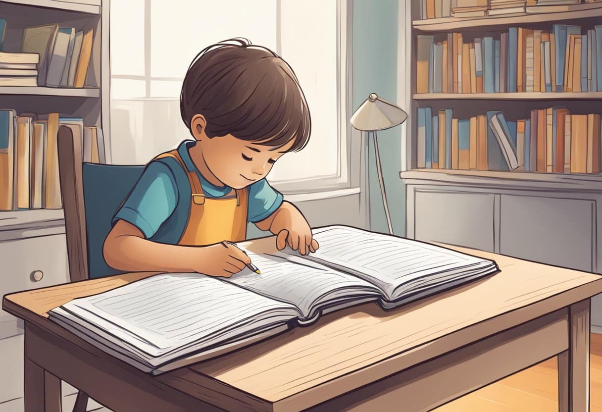 A child's desk with open textbooks, a pencil, and a notebook. A parent sits nearby, observing and offering occasional guidance