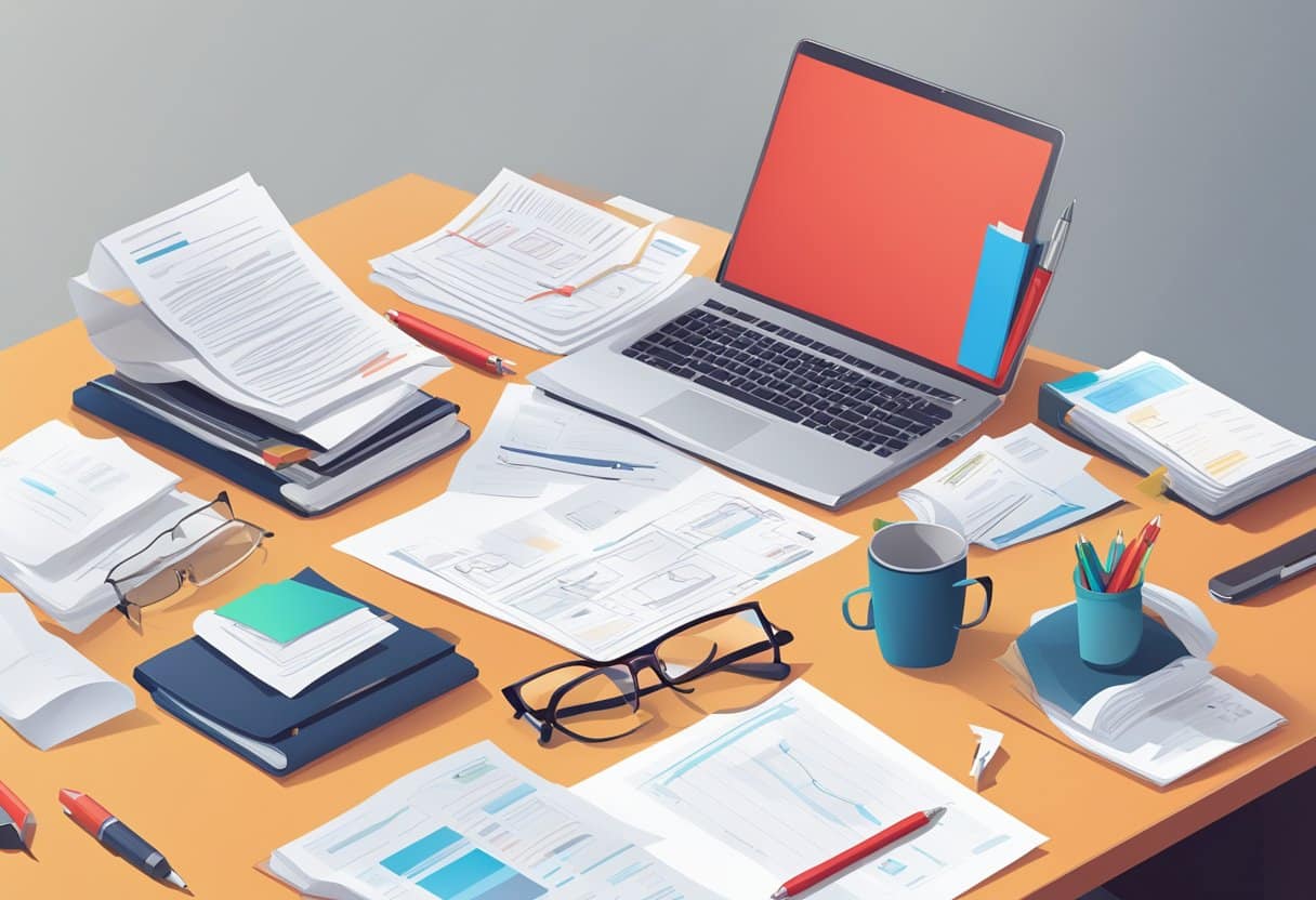 A desk cluttered with papers, a computer screen displaying a document, a red pen, and a pair of glasses. An open style guide and a notebook with editing marks
