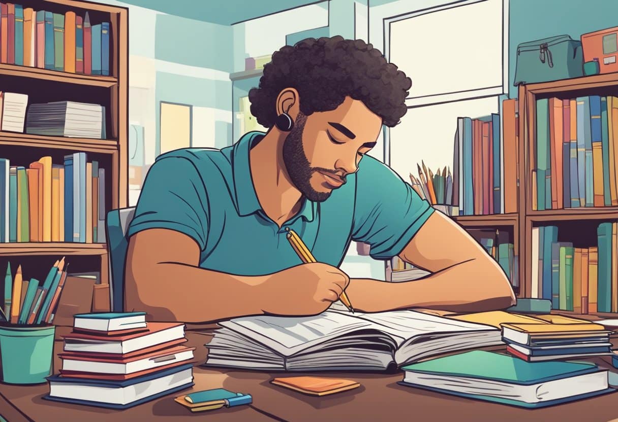 Dealing with Homework Meltdowns: Staying Calm and On Track Homework meltdowns, stress LearningMole A student sits at a desk surrounded by books and school supplies. They take a deep breath and focus on their work, ignoring distractions