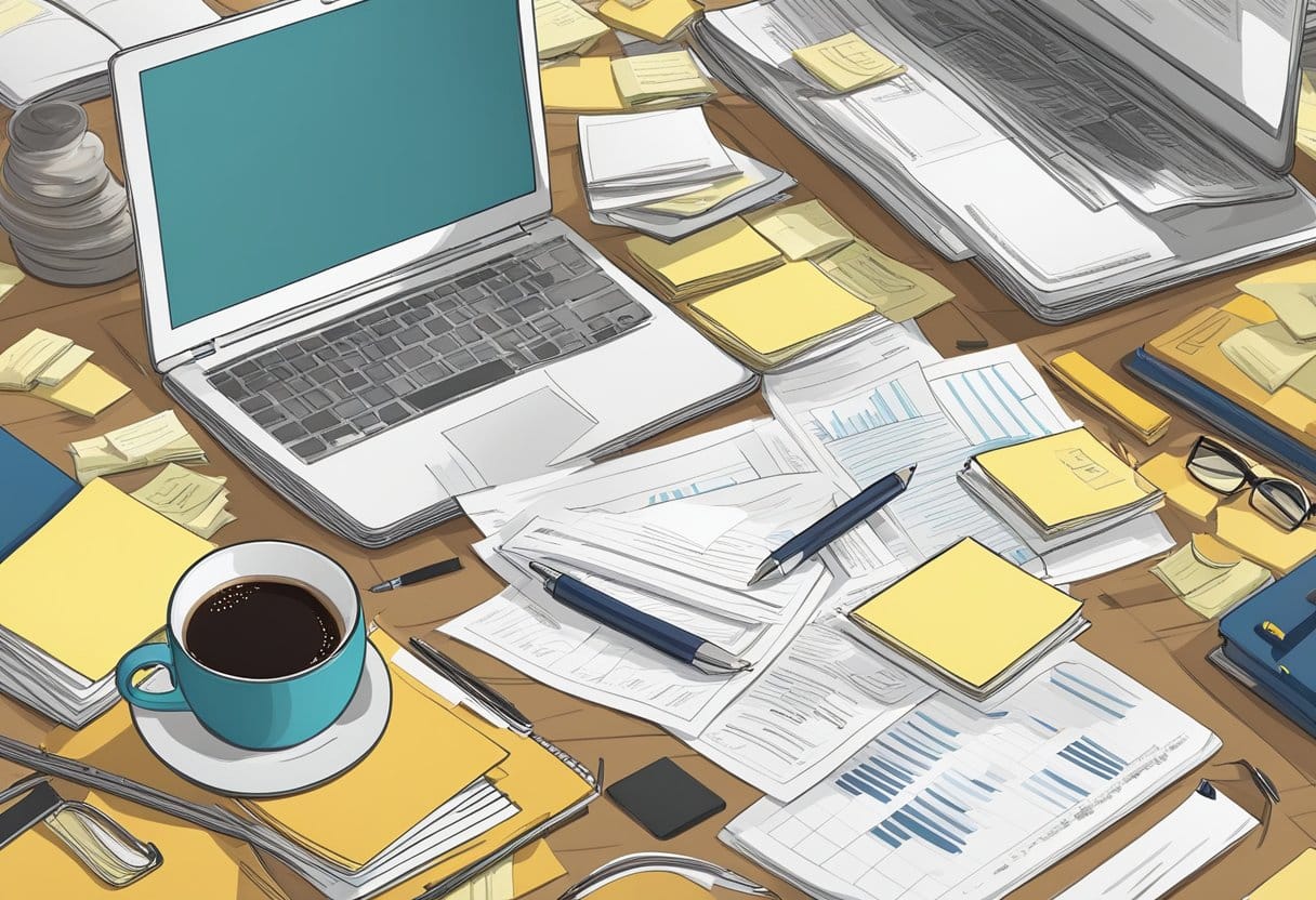 A cluttered desk with legal documents, a laptop, and a mug of coffee. Post-it notes with trial dates and evidence lists are scattered around. An open law book and a pen sit ready for note-taking