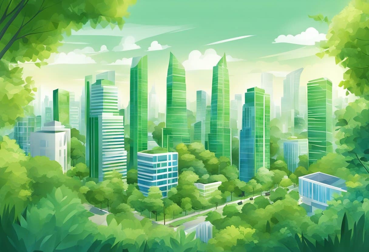 A bustling city skyline with modern green buildings surrounded by lush greenery, showcasing the positive impact of sustainable architecture on urban environments