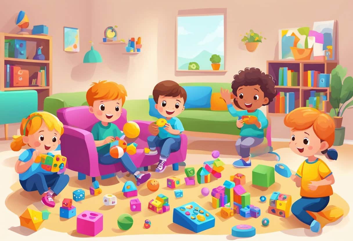 Children playing with various games and activities, solving problems and having fun. Bright colors, diverse toys, and engaged expressions