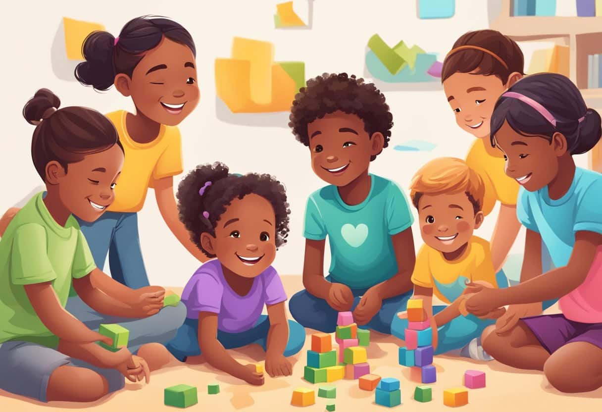 Children playing games and activities, exploring problems and finding solutions. Smiling faces and engaged minds show the power of play in enhancing resilience and well-being