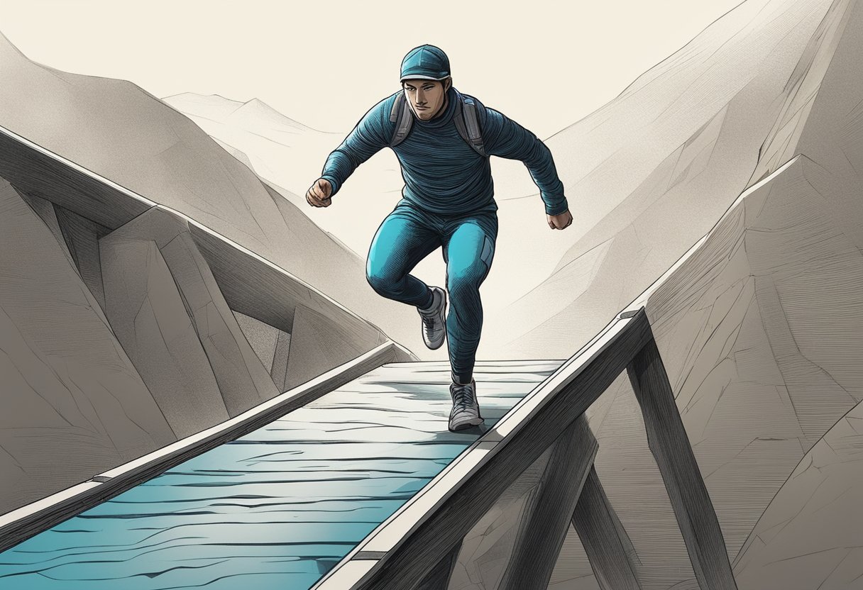 A lone figure stands at the starting line of a winding marathon course, surrounded by obstacles and challenges. The path ahead is daunting, but determination and focus are evident in the figure's posture