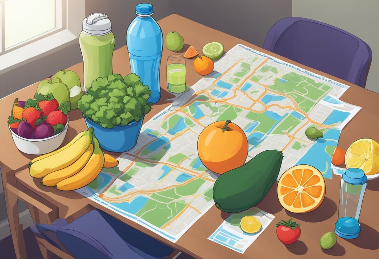 A table filled with colorful fruits, vegetables, and protein sources. A runner's water bottle and recovery drink sit nearby. A marathon course map is displayed on the wall
