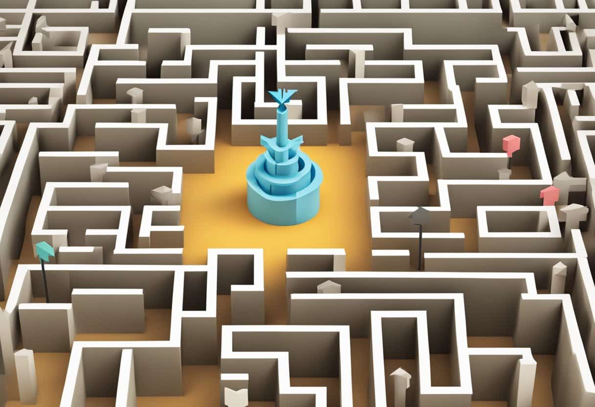 Convergent Thinking: Focusing on Optimal Solutions Convergent Thinking LearningMole A maze with multiple paths leading to a central point, with arrows pointing towards the best solution