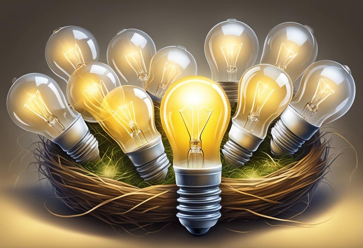 A group of light bulbs glowing above a nest of eggs, symbolizing the nurturing and development of promising ideas in an incubator