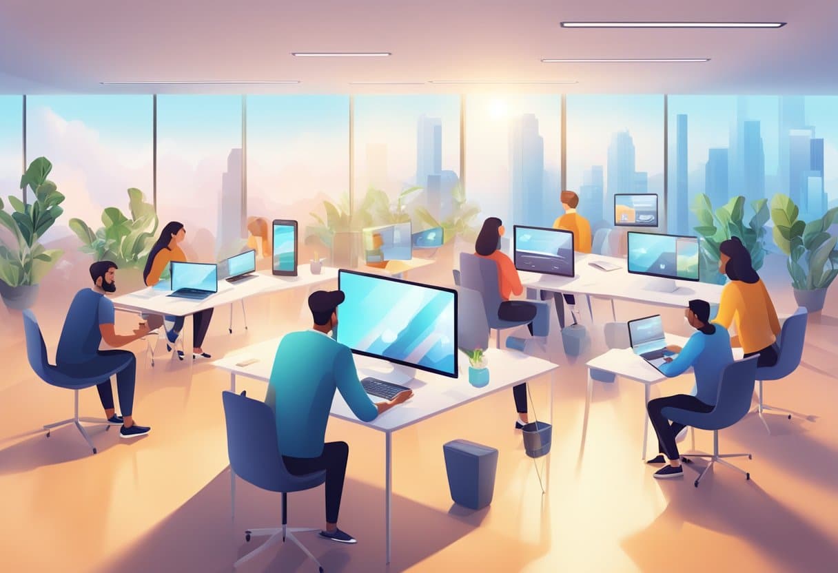 A brightly lit room with various tech devices and resources. A central hub with people collaborating and brainstorming. A sense of innovation and creativity in the air