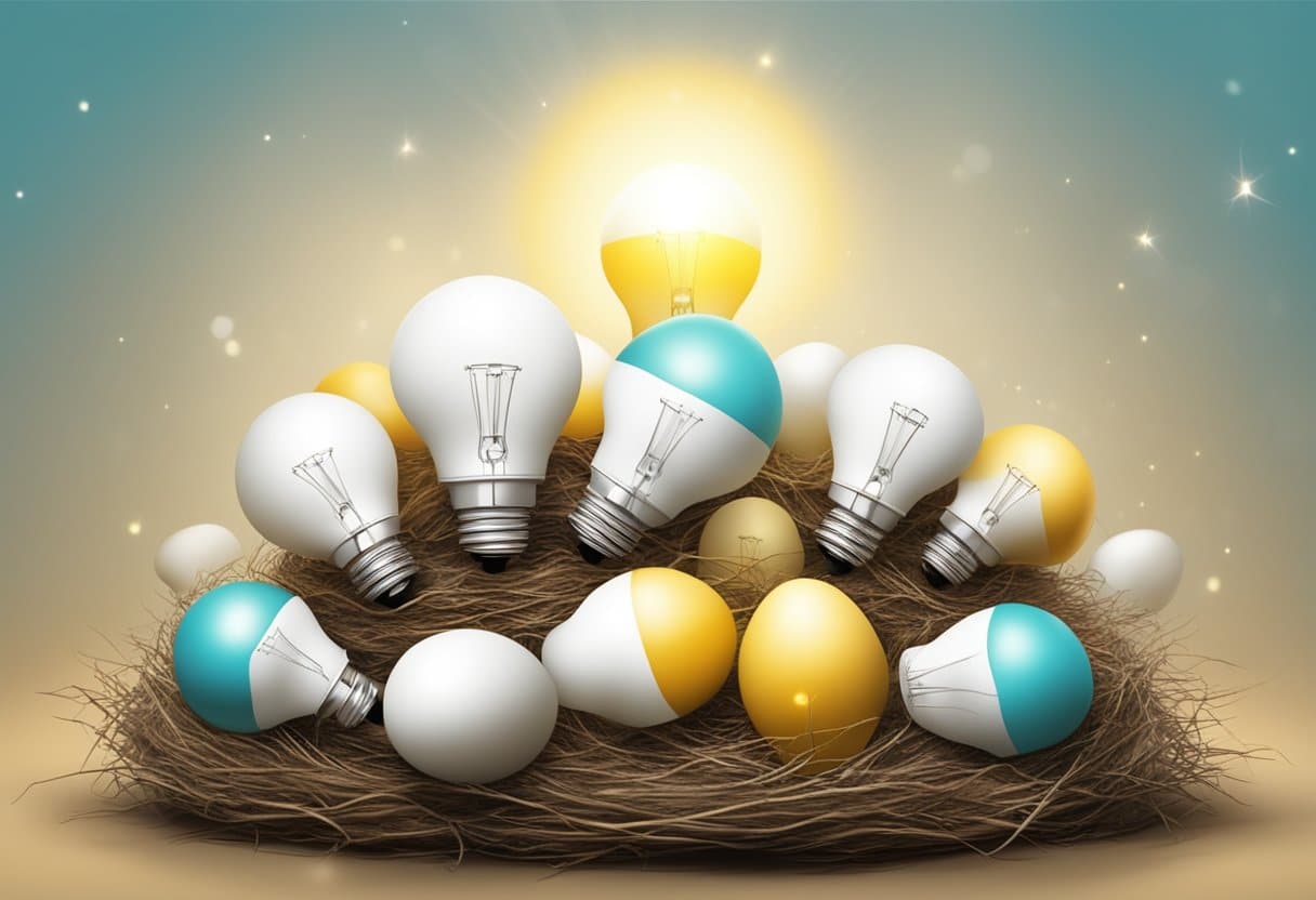 A group of lightbulbs hovers over a nest of eggs, symbolizing the nurturing and development of promising ideas in a challenging environment