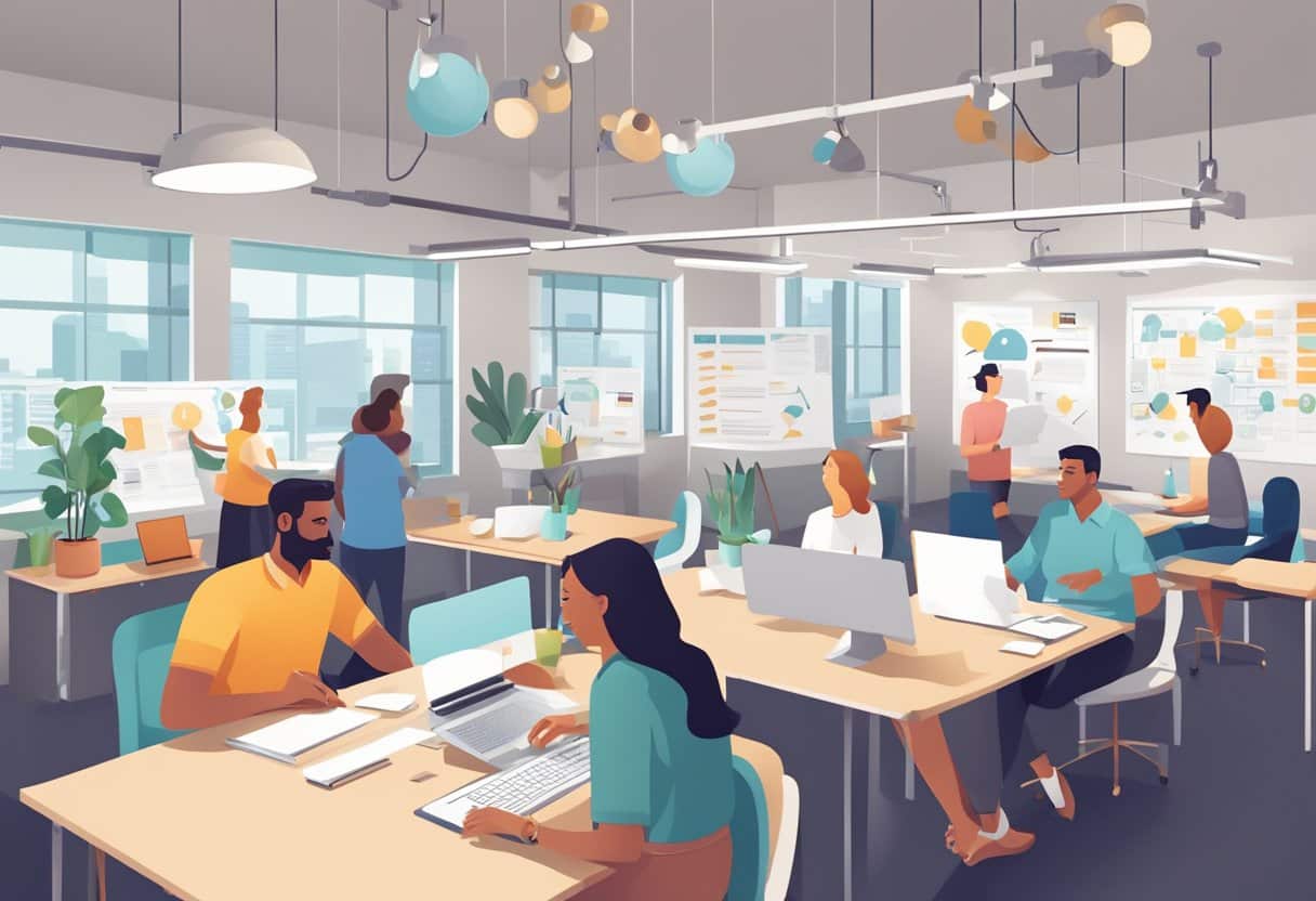 A bright, modern workspace with people collaborating on ideas. Posters of "Frequently Asked Questions" and "The Idea Incubator" adorn the walls