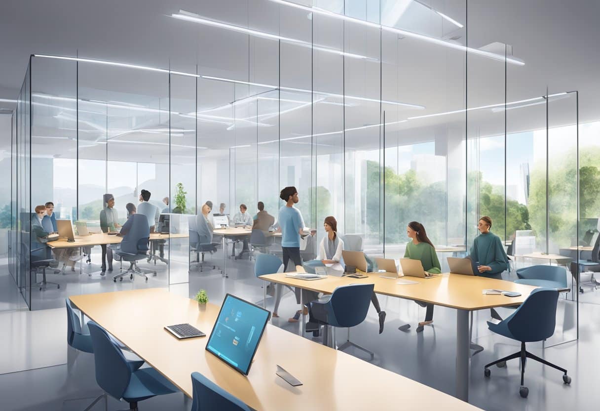 A modern, glass-walled structure with a bright, open interior. People collaborate in small groups, surrounded by whiteboards and digital screens. The space feels dynamic and innovative, with a sense of creative energy in the air