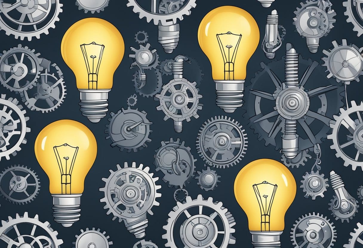 A group of diverse light bulbs glowing with potential, surrounded by gears and cogs symbolizing the nurturing and development of promising ideas in an incubator