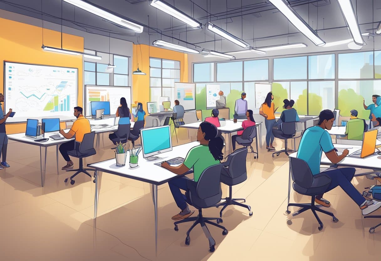 A vibrant, bustling incubator space with bright lights, diverse workstations, and collaborative energy. Teams huddle around whiteboards, brainstorming and refining innovative solutions. The atmosphere is charged with creativity and potential