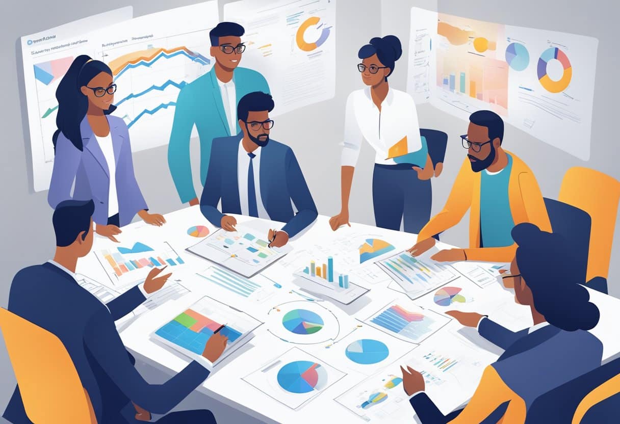A group of diverse individuals gather around a table, brainstorming and sharing ideas. Charts and diagrams adorn the walls, showcasing the development of innovative solutions