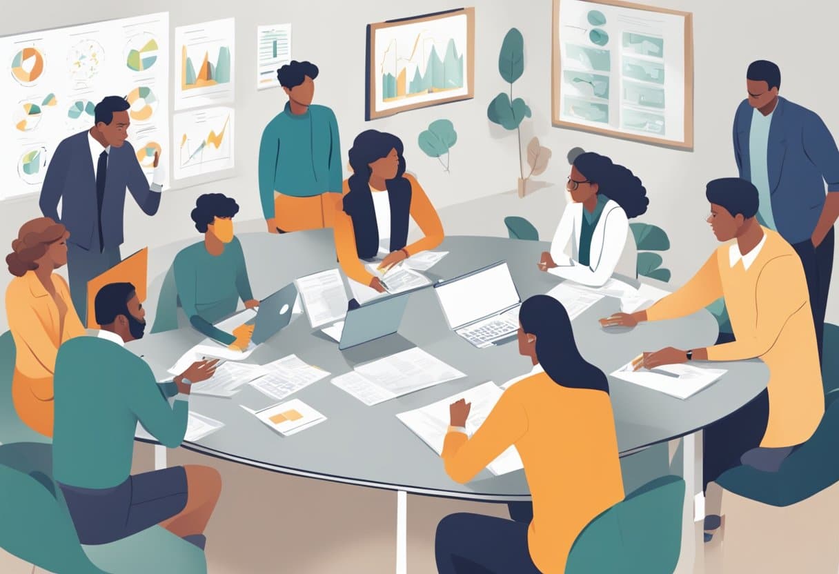 A group of people engage in quick discussions, generating and evaluating solutions. Timers and brainstorming tools are scattered across the table