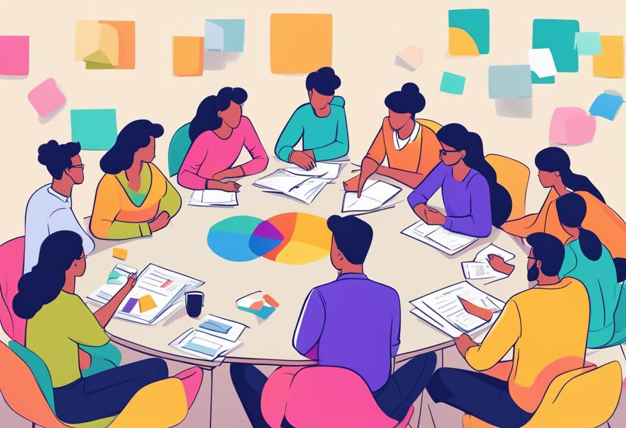 A group of individuals sit in pairs, engaging in rapid discussions and idea sharing, surrounded by colorful brainstorming materials and a timer set on the table