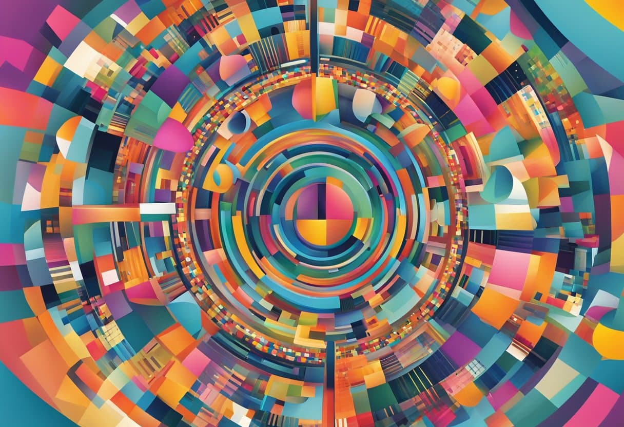 A group of diverse objects arranged in a circular pattern, with colorful and abstract shapes emanating from the center, representing creativity and unconventional thinking