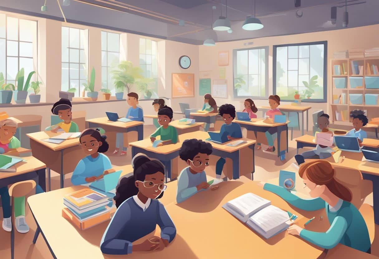 A classroom filled with diverse learning materials and AI devices, sparking curiosity and problem-solving exploration
