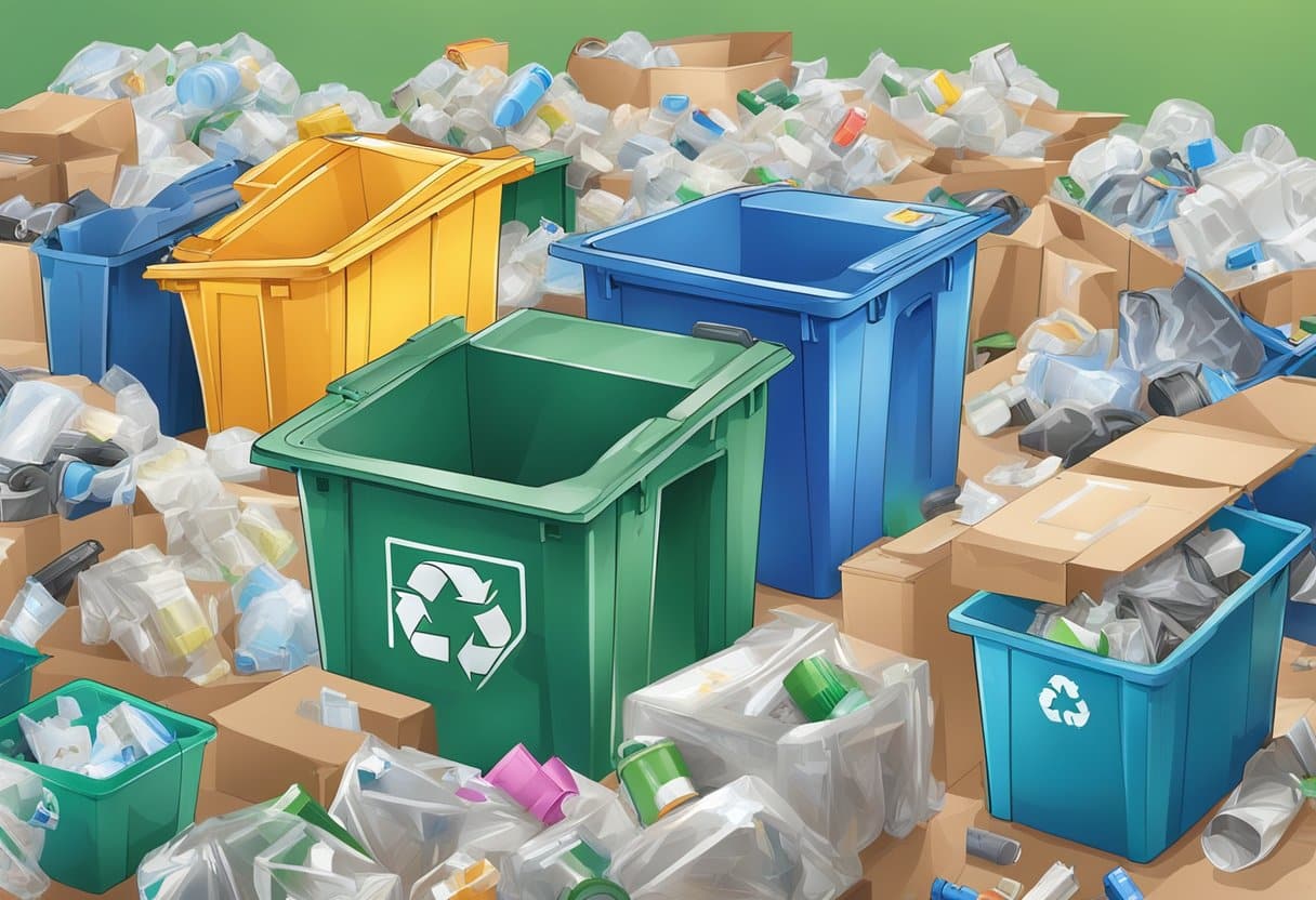 A variety of recyclable materials, such as plastic, glass, and paper, are being sorted and processed in a recycling facility