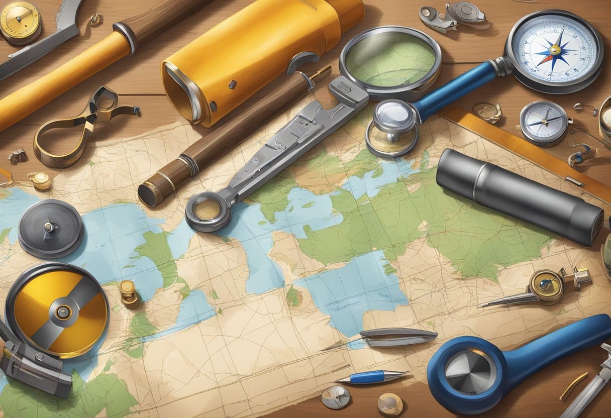 A group of tools and instruments scattered on a table, with a map, compass, and magnifying glass suggesting exploration and problem-solving