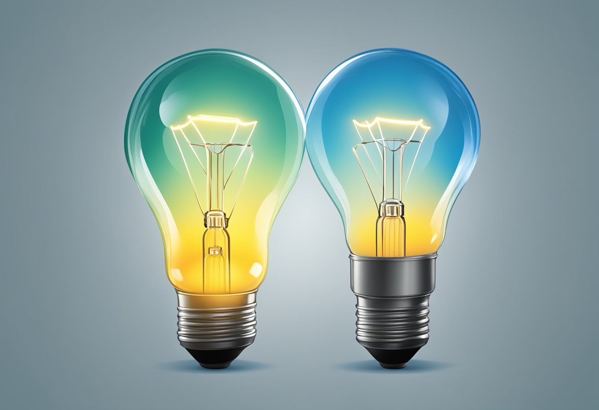 Two light bulbs merging to form a new, glowing idea