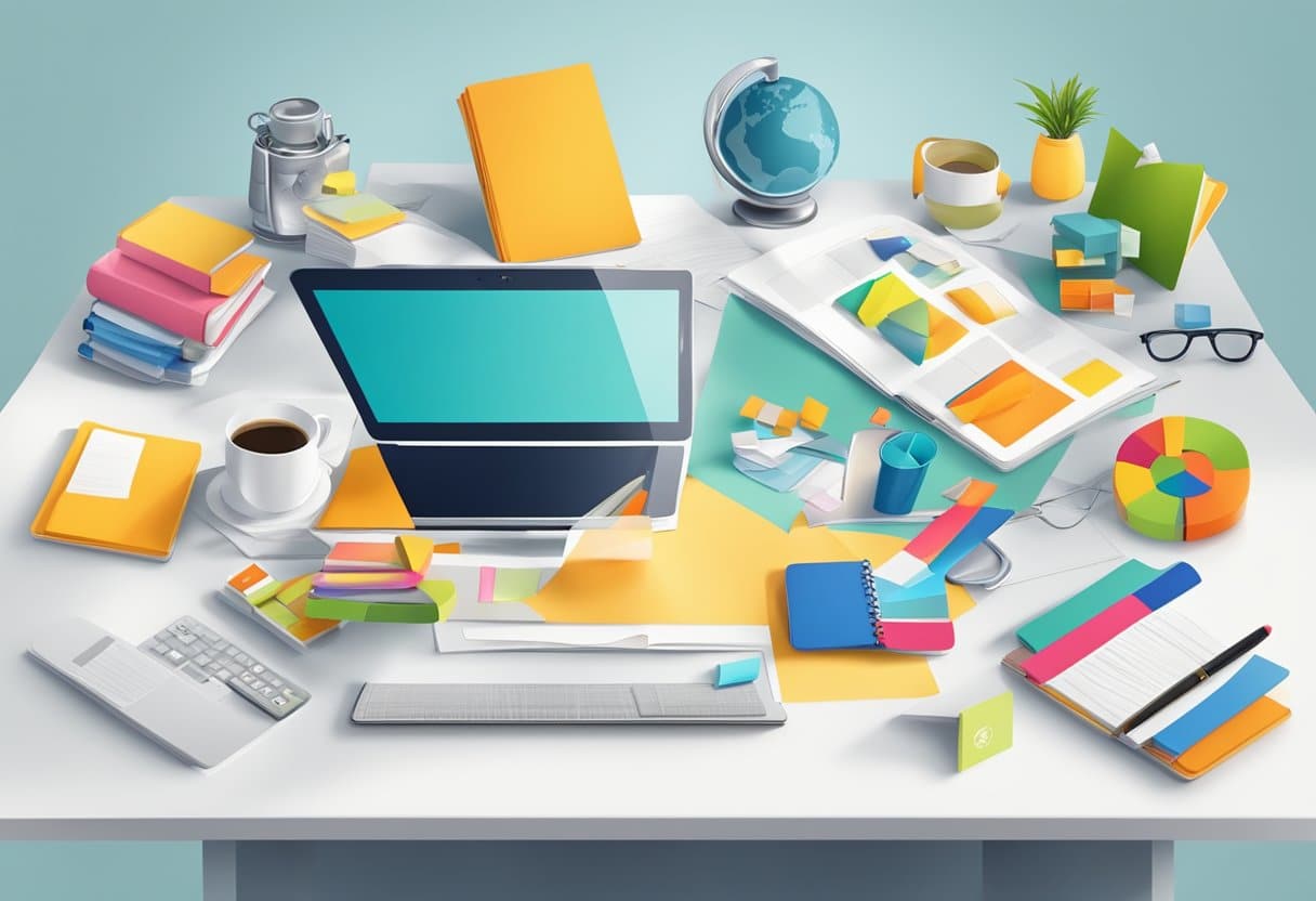 A table with various products and services merging together, creating a dynamic and innovative mashup of ideas