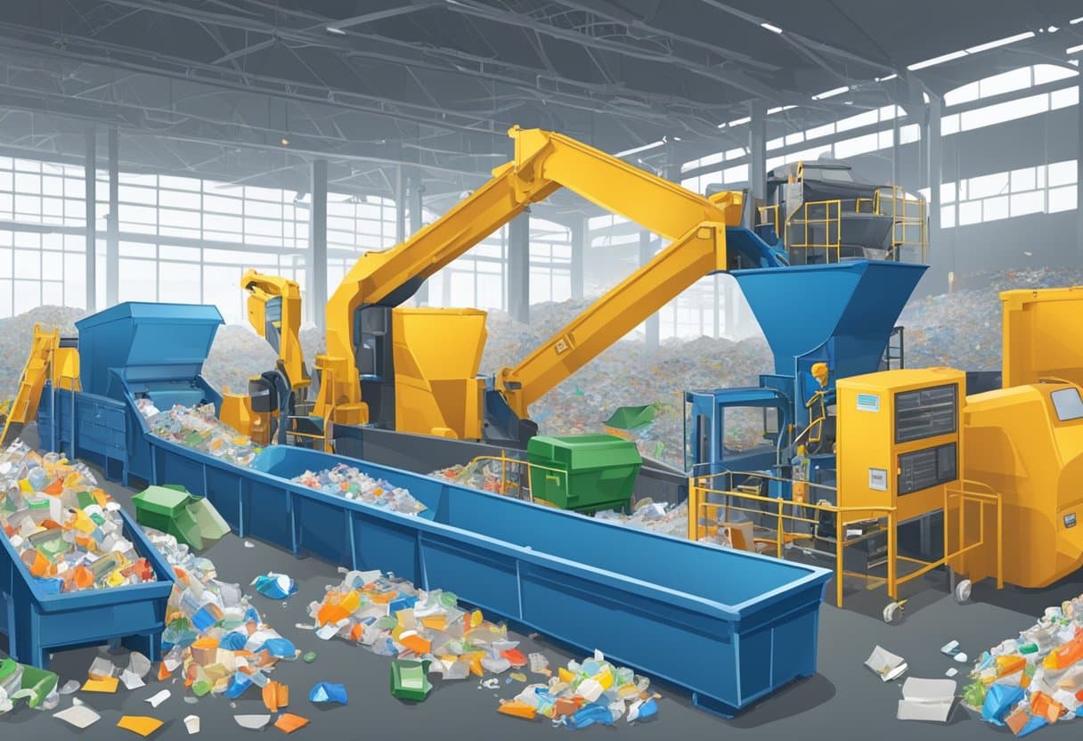 Various materials (plastic, paper, glass) being sorted and processed in a recycling facility. Machines separate, crush, and melt the items for reuse