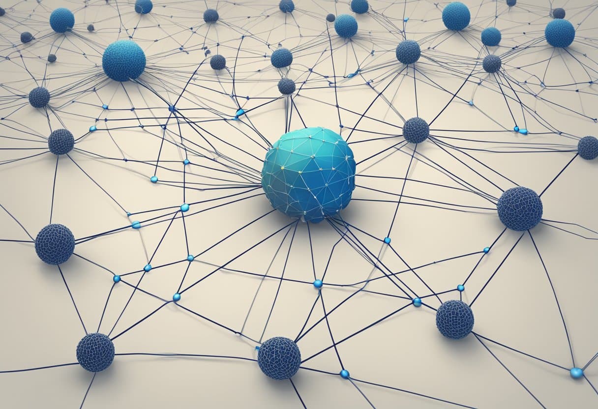 A network of interconnected nodes merging into a central hub, symbolizing the synthesis of ideas in the AI revolution