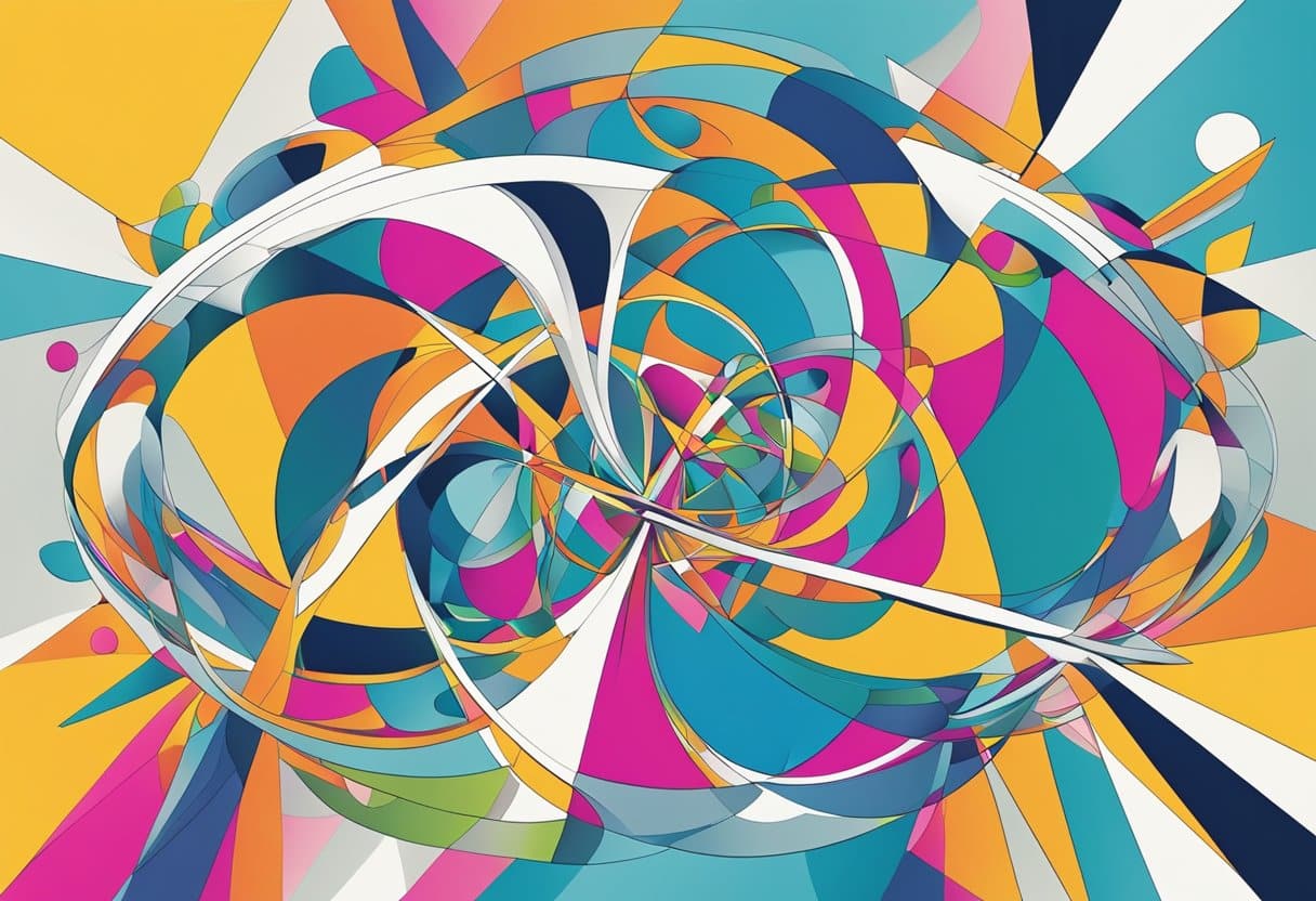 A group of abstract shapes and symbols merge together, representing the merging of ideas and concepts for innovative results