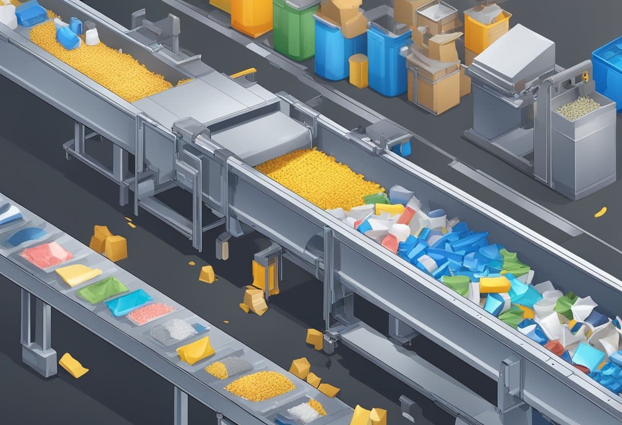 Various materials are sorted and separated on a conveyor belt. Machines crush and shred plastics, glass, and paper. Melted metal is poured into molds
