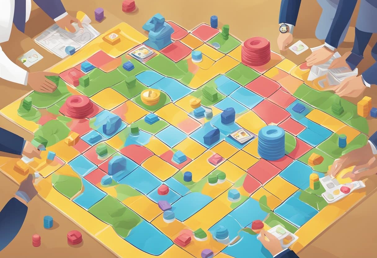 Gamifying Problem-Solving: Engaging Tactics to Make Challenges Enjoyable Problem-Solving, gamification LearningMole A colorful game board with various challenges and rewards displayed, surrounded by enthusiastic players engaged in problem-solving activities