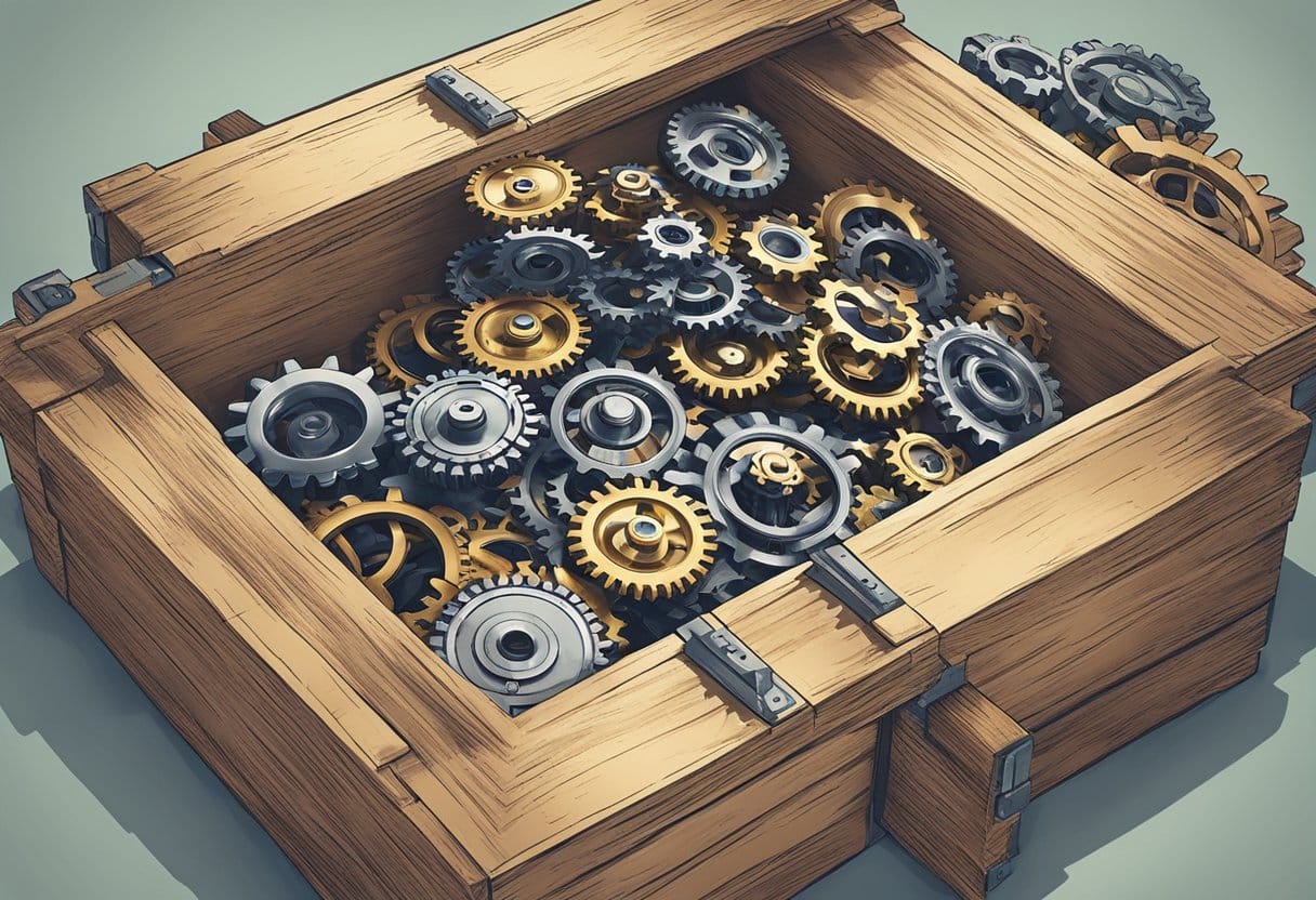 Breaking Patterns: Thinking Outside the Box for Innovative Problem-Solving Breaking Patterns, Problem-Solving, thinking LearningMole A group of gears and cogs breaking out of a traditional box, symbolizing innovation and fresh solutions
