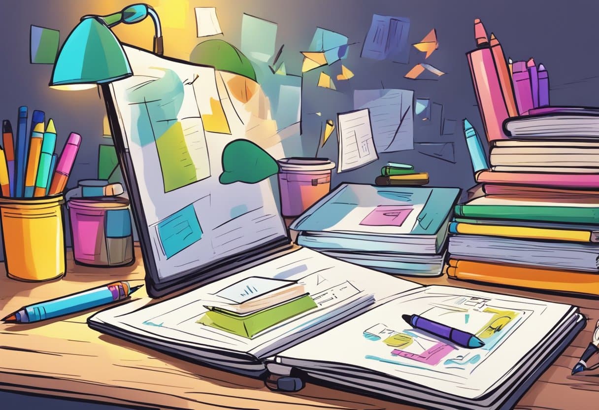 A notebook open to a page with hand-drawn images and text, surrounded by colorful markers and pens. A desk lamp provides warm light